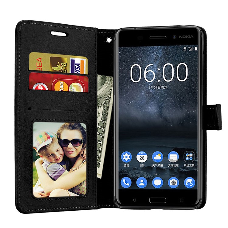Pure Color Crazy Horse Wallet Stand Protective Leather Case for Nokia 6 - Black-9