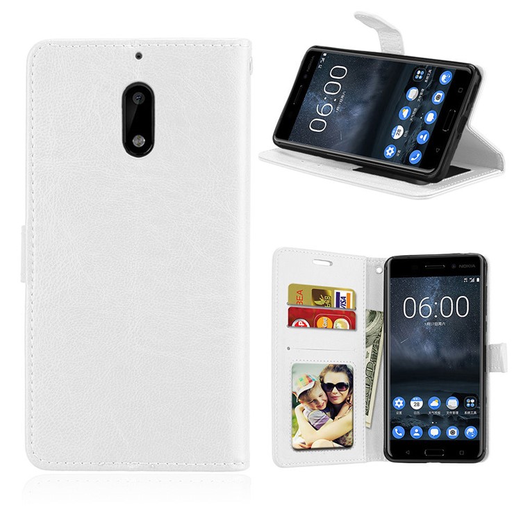 Pure Color Crazy Horse Wallet Stand Protective Leather Cover for Nokia 6 - White-1