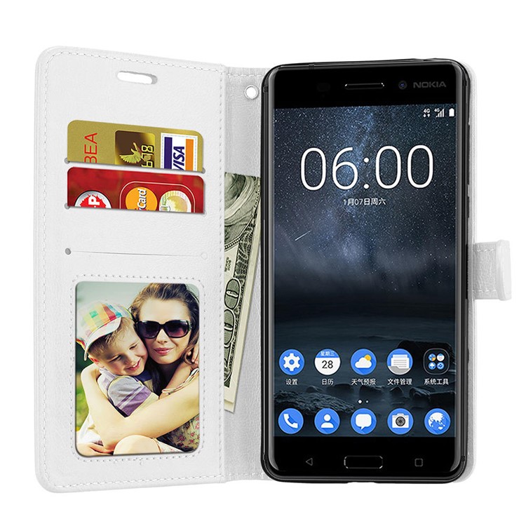 Pure Color Crazy Horse Wallet Stand Protective Leather Cover for Nokia 6 - White-9