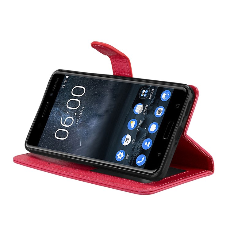 Pure Color Crazy Horse Wallet Stand Protective Leather Shell for Nokia 6 - Red-13