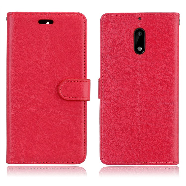 Pure Color Crazy Horse Wallet Stand Protective Leather Shell for Nokia 6 - Red-2