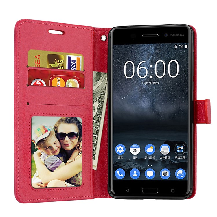 Pure Color Crazy Horse Wallet Stand Protective Leather Shell for Nokia 6 - Red-9