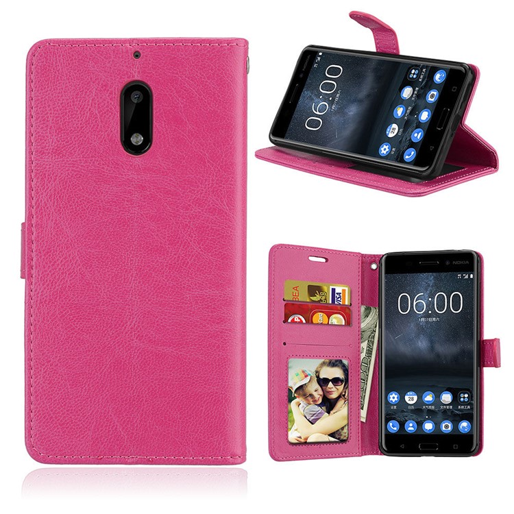 Pure Color Crazy Horse Wallet Stand Protective Leather Mobile Phone Case for Nokia 6 - Rose-1