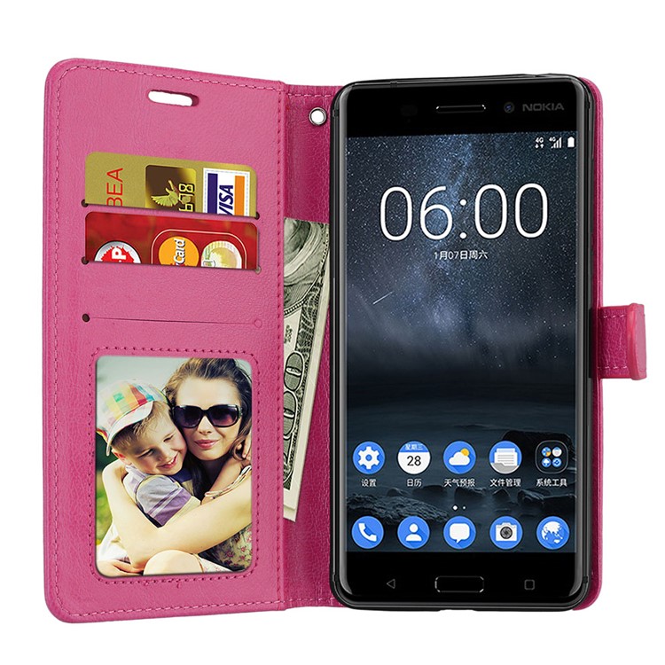 Pure Color Crazy Horse Wallet Stand Protective Leather Mobile Phone Case for Nokia 6 - Rose-9
