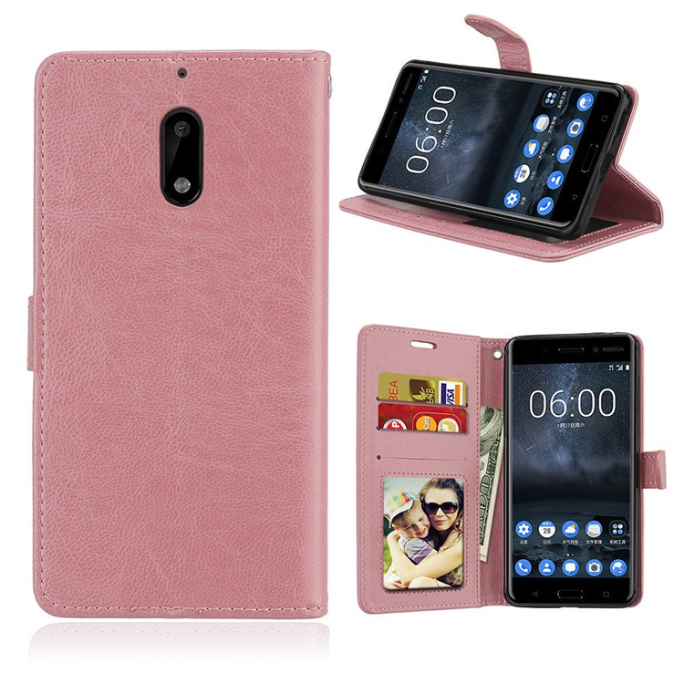 Pure Color Crazy Horse Wallet Stand Protective Leather Casing for Nokia 6 - Pink-1
