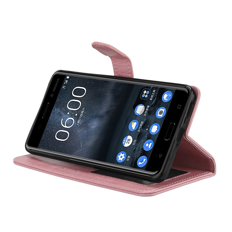 Pure Color Crazy Horse Wallet Stand Protective Leather Casing for Nokia 6 - Pink-13