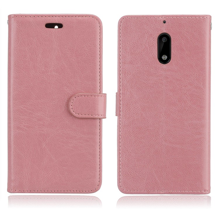 Pure Color Crazy Horse Wallet Stand Protective Leather Casing for Nokia 6 - Pink-2