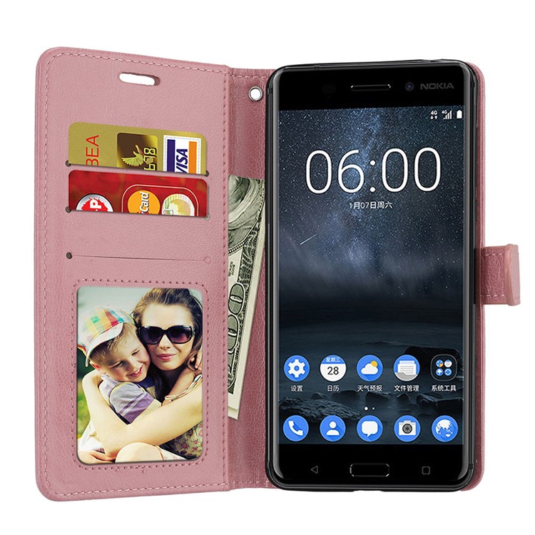 Pure Color Crazy Horse Wallet Stand Protective Leather Casing for Nokia 6 - Pink-9