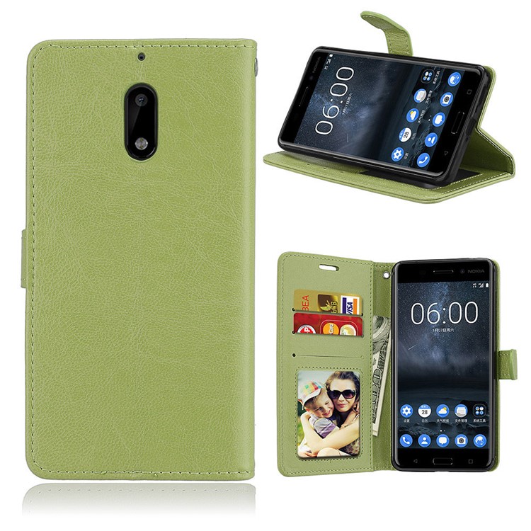 Pure Color Crazy Horse Wallet Stand Protective Leather Cell Phone Case for Nokia 6 - Green-1