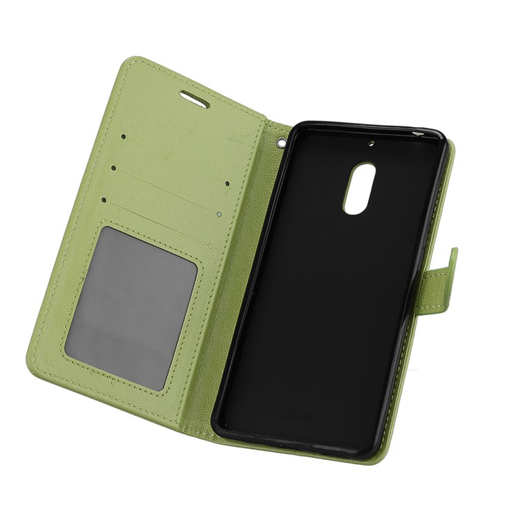 Pure Color Crazy Horse Wallet Stand Protective Leather Cell Phone Case for Nokia 6 - Green-10