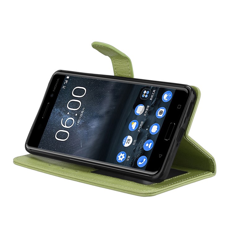 Pure Color Crazy Horse Wallet Stand Protective Leather Cell Phone Case for Nokia 6 - Green-13