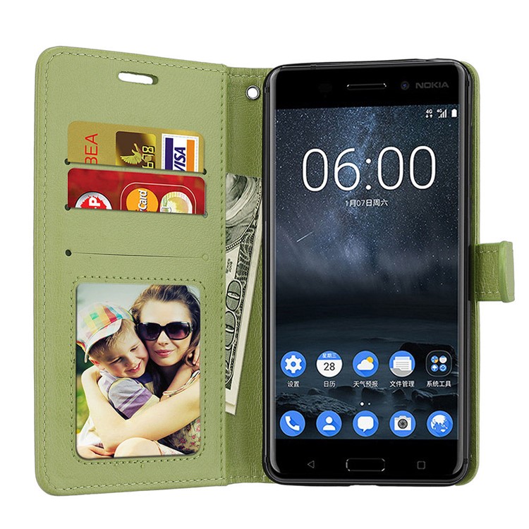 Pure Color Crazy Horse Wallet Stand Protective Leather Cell Phone Case for Nokia 6 - Green-9