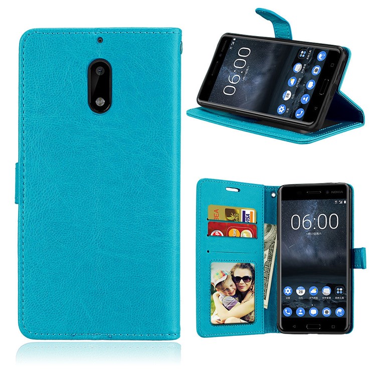 Pure Color Crazy Horse Wallet Stand Protective Leather Mobile Phone Cover for Nokia 6 - Blue-1