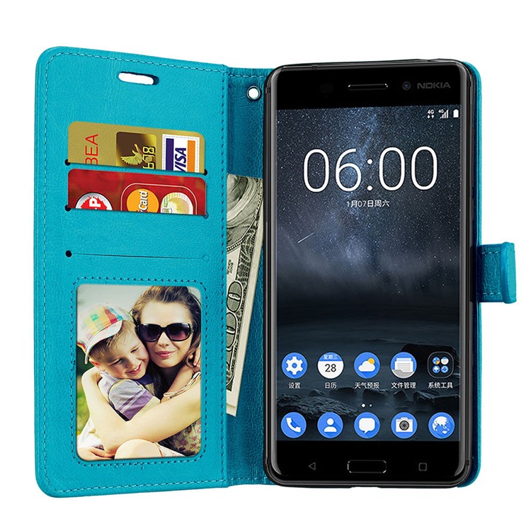 Pure Color Crazy Horse Wallet Stand Protective Leather Mobile Phone Cover for Nokia 6 - Blue-9