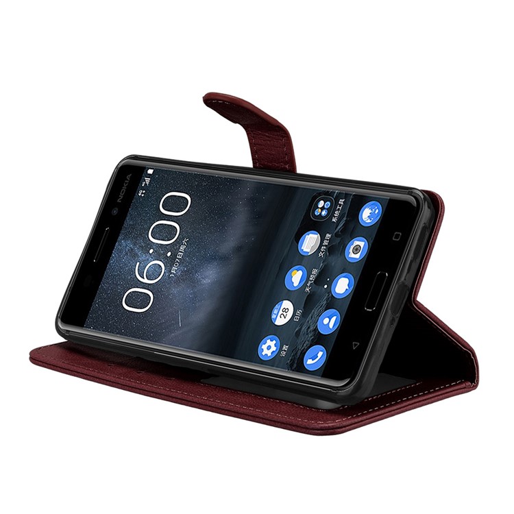 Pure Color Crazy Horse Wallet Stand Protective Leather Cell Phone Cover for Nokia 6 - Brown-13