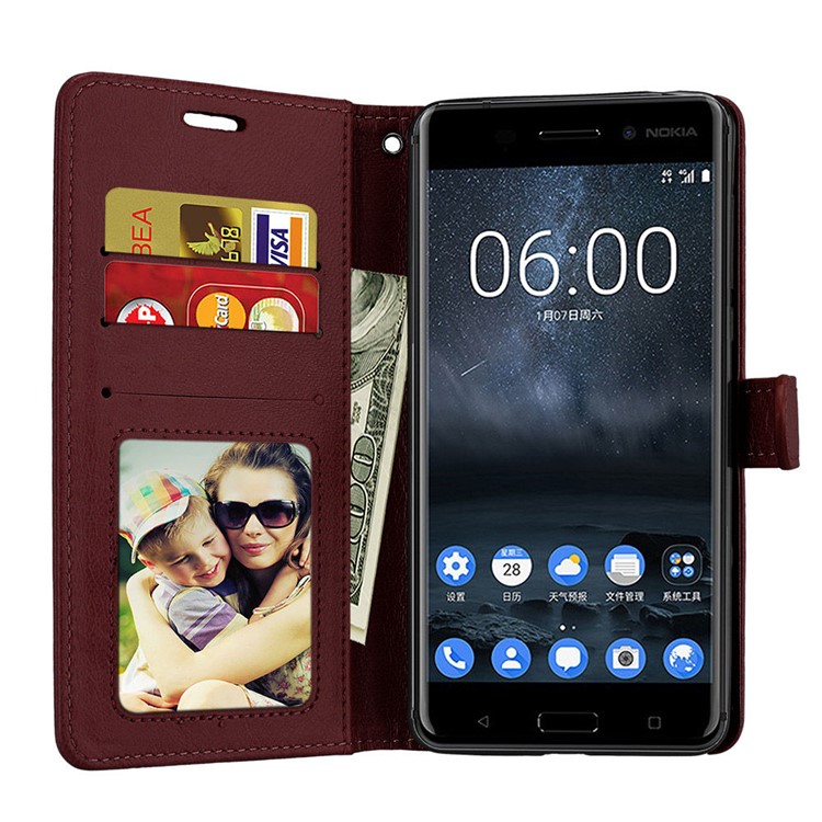 Pure Color Crazy Horse Wallet Stand Protective Leather Cell Phone Cover for Nokia 6 - Brown-9