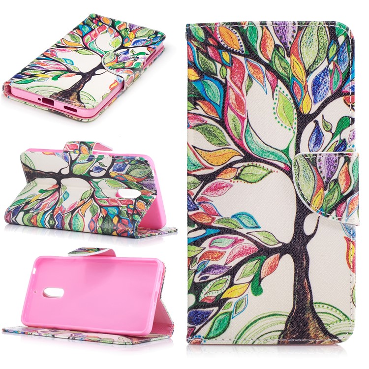 Pattern Printing Leather Wallet Cover for Nokia 6 - Colorized Tree-1
