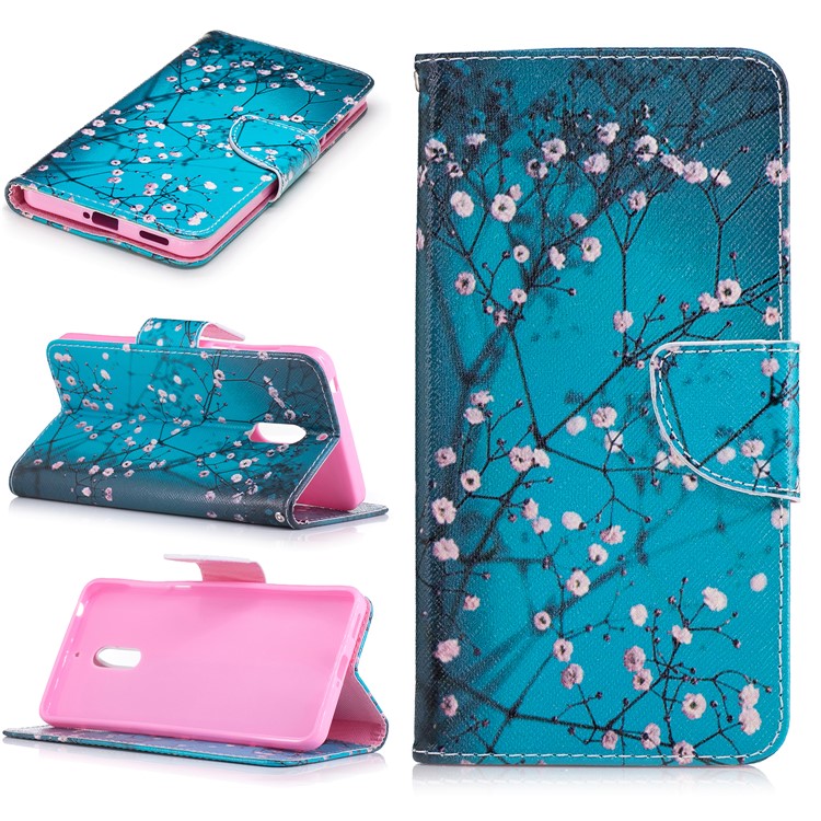Pattern Printing Leather Card Holder Case for Nokia 6 - Tree with Flowers-1
