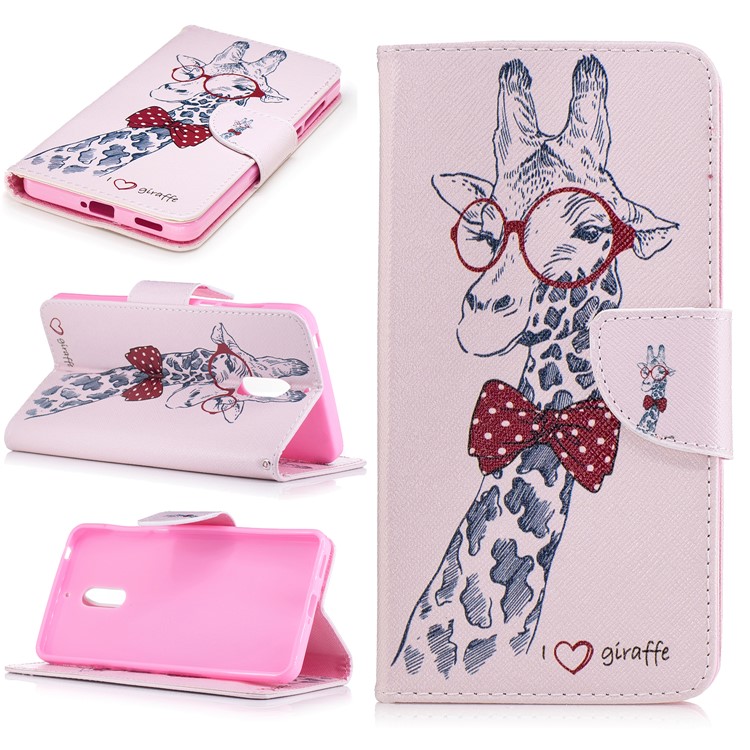 Pattern Printing Wallet Leather Stand Case for Nokia 6 - Adorable Giraffe Wearing Glasses-1