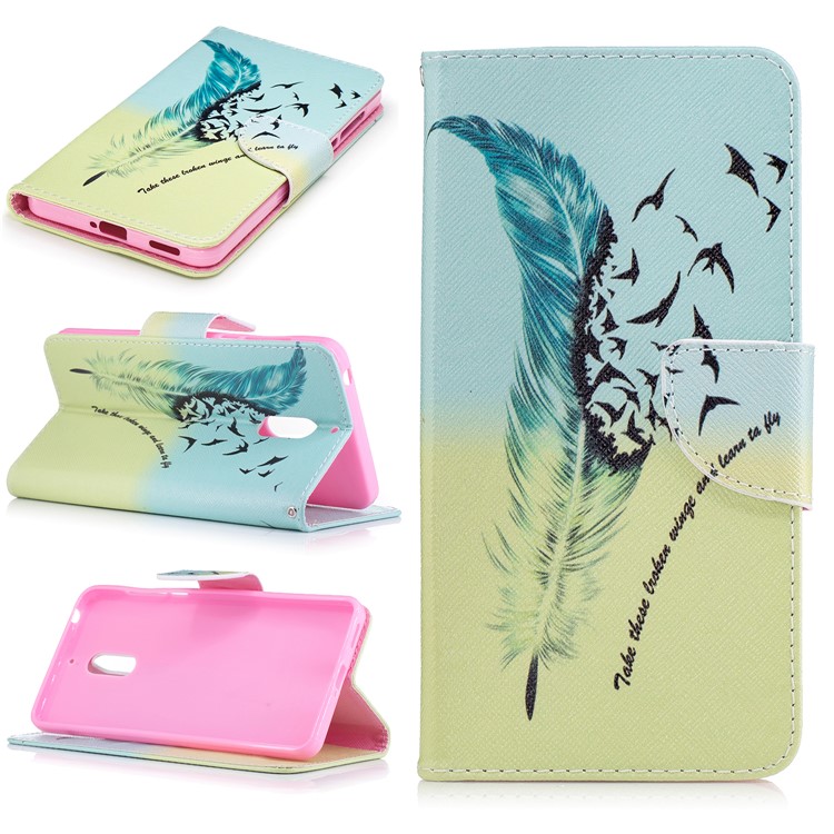 Pattern Printing Wallet Leather Stand Cover for Nokia 6 - Feather Pattern-1