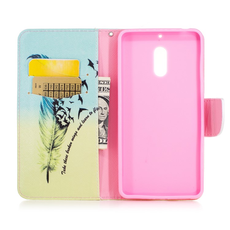 Pattern Printing Wallet Leather Stand Cover for Nokia 6 - Feather Pattern-8