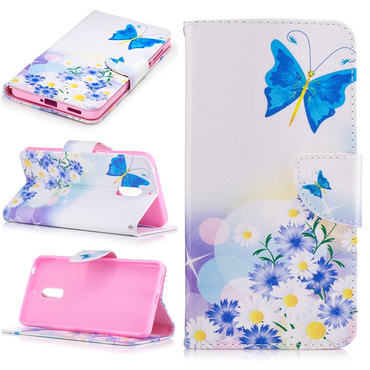 Pattern Printing Phone Leather Wallet Case for Nokia 6 - Blue Butterfly and Flowers-1