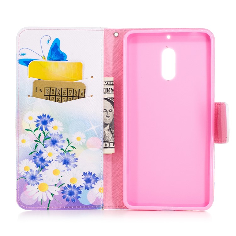 Pattern Printing Phone Leather Wallet Case for Nokia 6 - Blue Butterfly and Flowers-8
