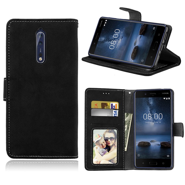 Matte Surface PU Leather 3 Card Slots Wallet Stand Phone Accessory Case for Nokia 8 - Black-1