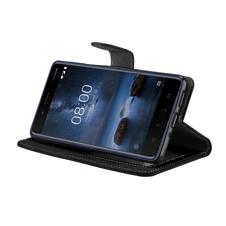 Matte Surface PU Leather 3 Card Slots Wallet Stand Phone Accessory Case for Nokia 8 - Black-13