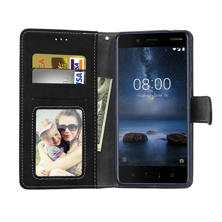 Matte Surface PU Leather 3 Card Slots Wallet Stand Phone Accessory Case for Nokia 8 - Black-9
