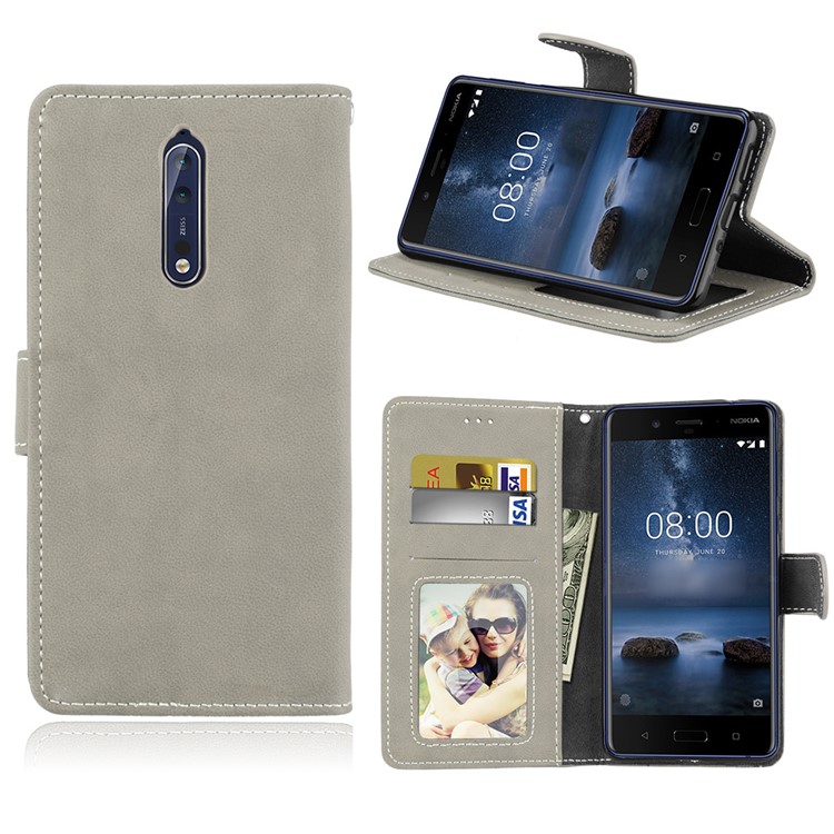 Matte Surface PU Leather 3 Card Slots Wallet Stand Phone Accessory Casing for Nokia 8 - Grey-1