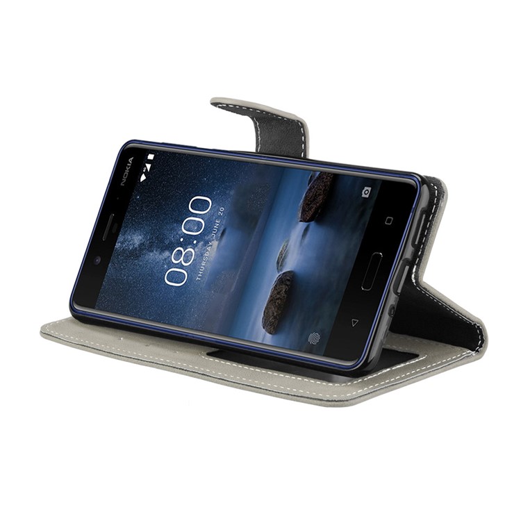 Matte Surface PU Leather 3 Card Slots Wallet Stand Phone Accessory Casing for Nokia 8 - Grey-13