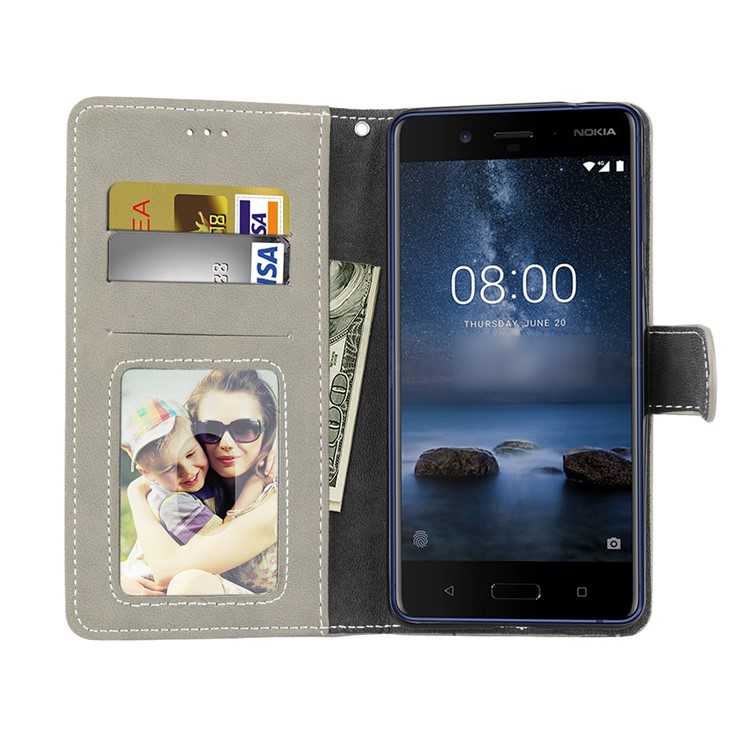 Matte Surface PU Leather 3 Card Slots Wallet Stand Phone Accessory Casing for Nokia 8 - Grey-9