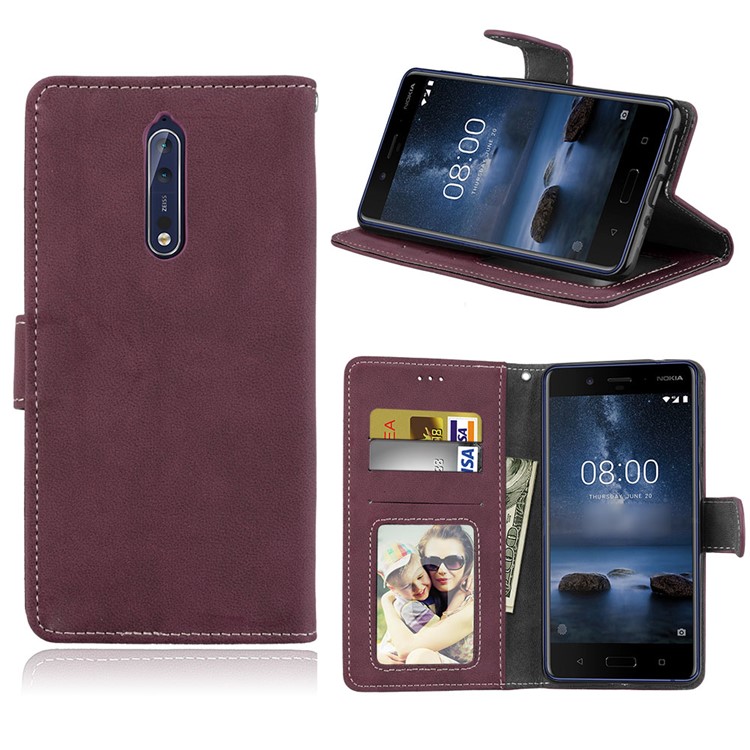Matte Surface PU Leather 3 Card Slots Wallet Stand Phone Accessory Cover for Nokia 8 - Wine Red-1
