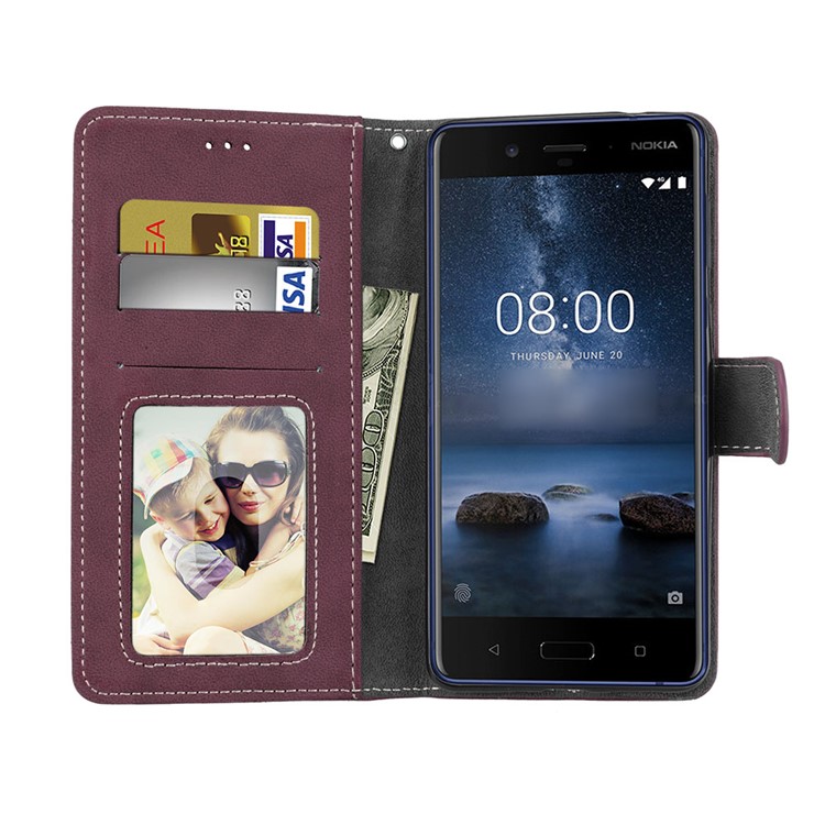Matte Surface PU Leather 3 Card Slots Wallet Stand Phone Accessory Cover for Nokia 8 - Wine Red-9