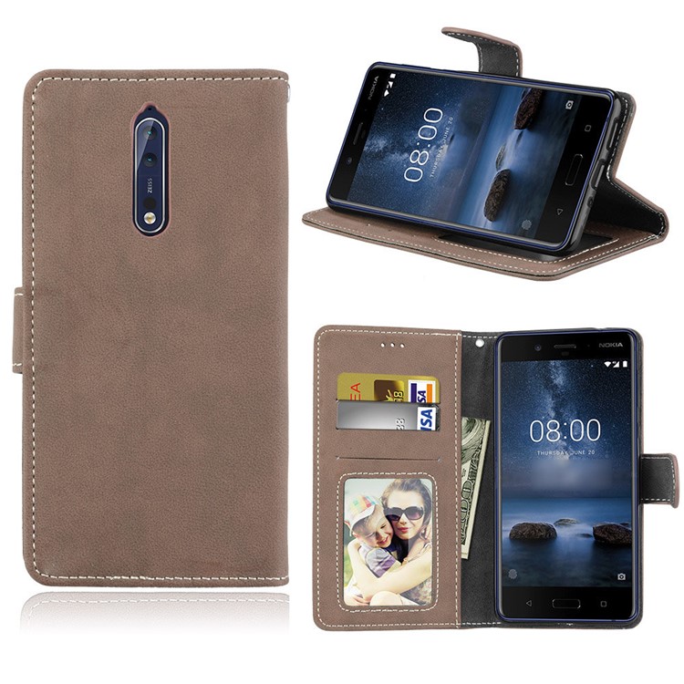 Matte Surface PU Leather 3 Card Slots Wallet Stand Phone Accessory Shell for Nokia 8 - Khaki-1