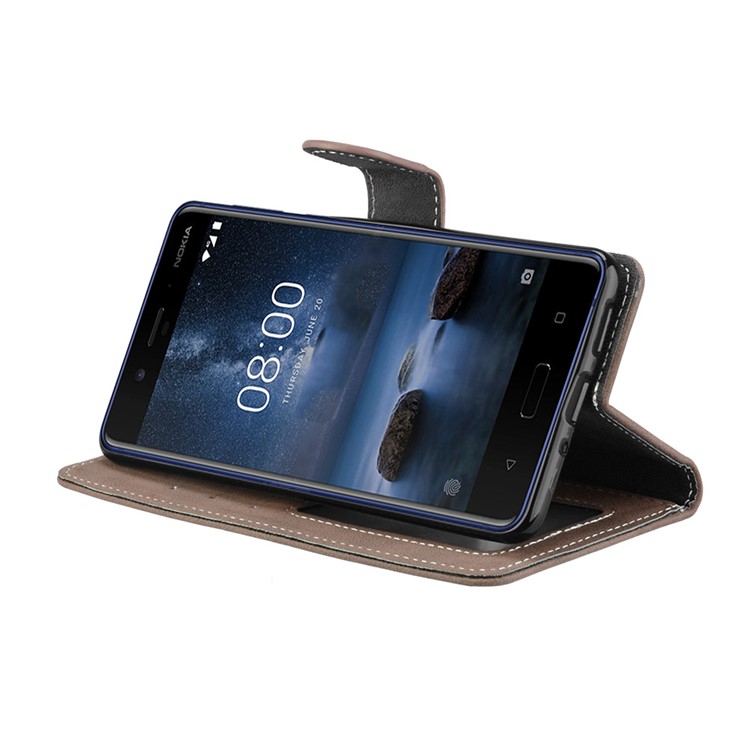 Matte Surface PU Leather 3 Card Slots Wallet Stand Phone Accessory Shell for Nokia 8 - Khaki-13