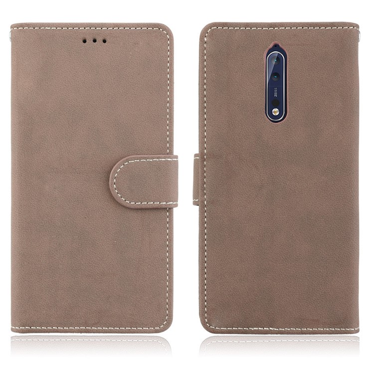 Matte Surface PU Leather 3 Card Slots Wallet Stand Phone Accessory Shell for Nokia 8 - Khaki-2