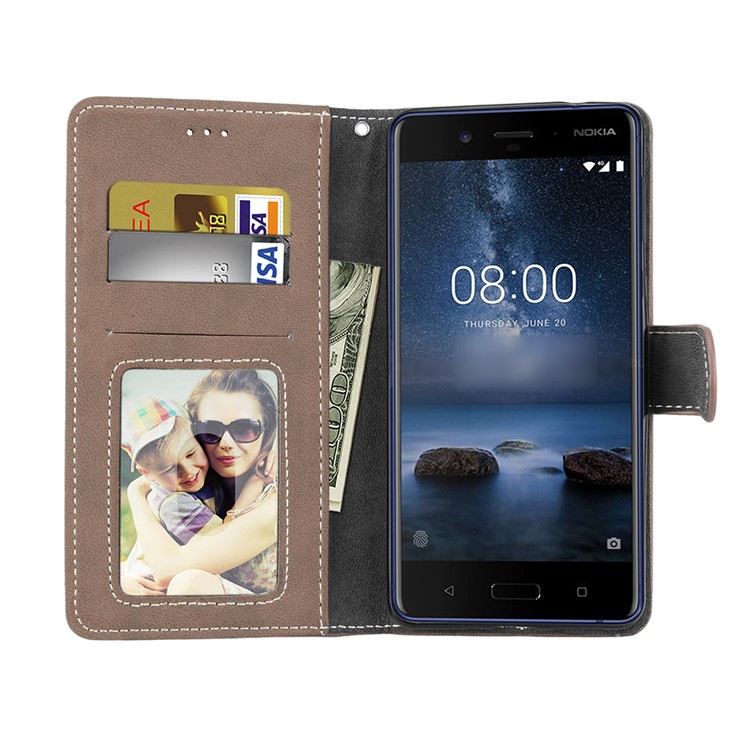 Matte Surface PU Leather 3 Card Slots Wallet Stand Phone Accessory Shell for Nokia 8 - Khaki-9