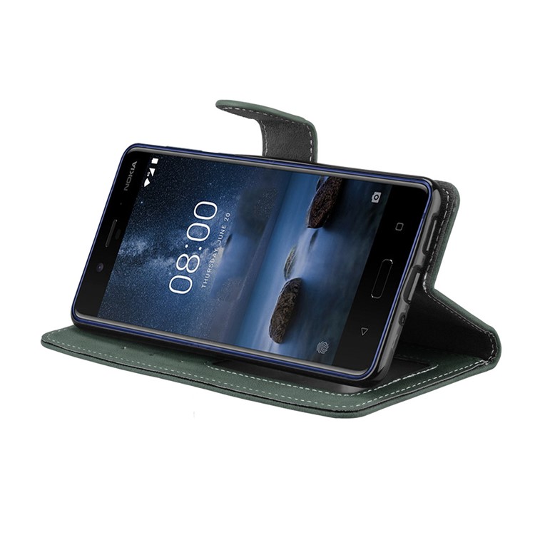 Matte Surface PU Leather 3 Card Slots Wallet Stand Phone Accessory Casing Cover for Nokia 8 - Green-13