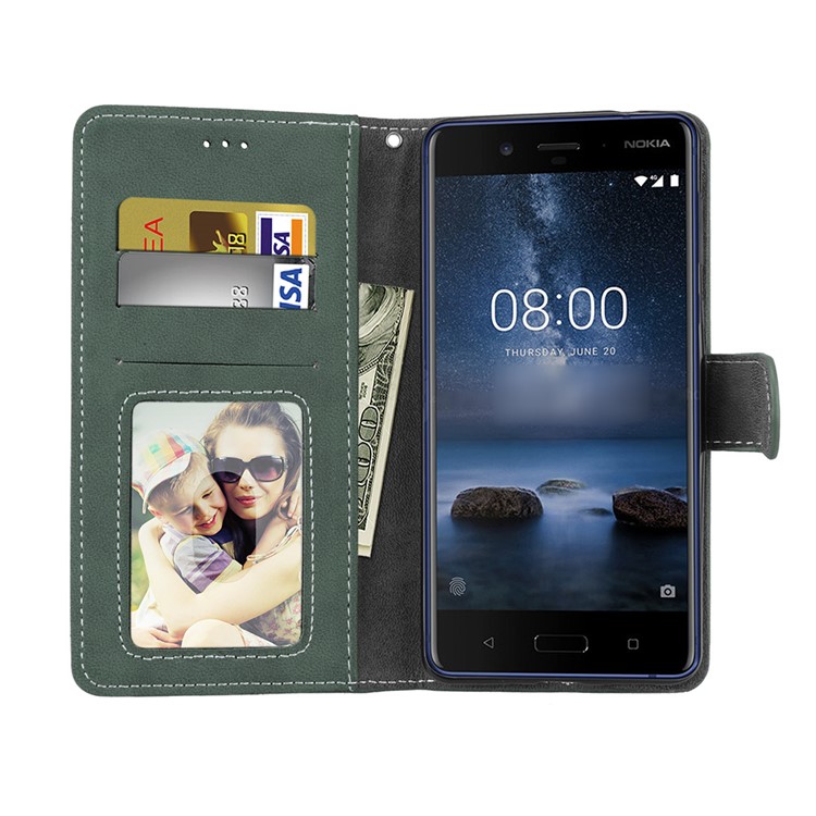 Matte Surface PU Leather 3 Card Slots Wallet Stand Phone Accessory Casing Cover for Nokia 8 - Green-9
