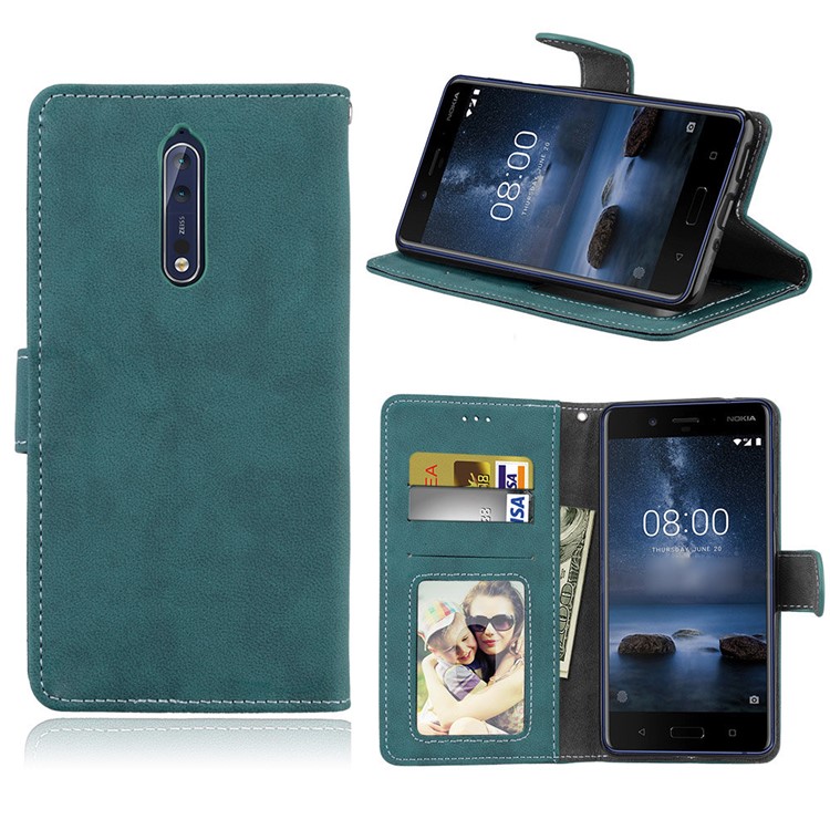 Matte Surface PU Leather 3 Card Slots Wallet Stand Mobile Phone Case for Nokia 8 - Blue-1