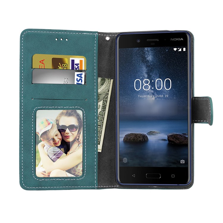 Matte Surface PU Leather 3 Card Slots Wallet Stand Mobile Phone Case for Nokia 8 - Blue-9