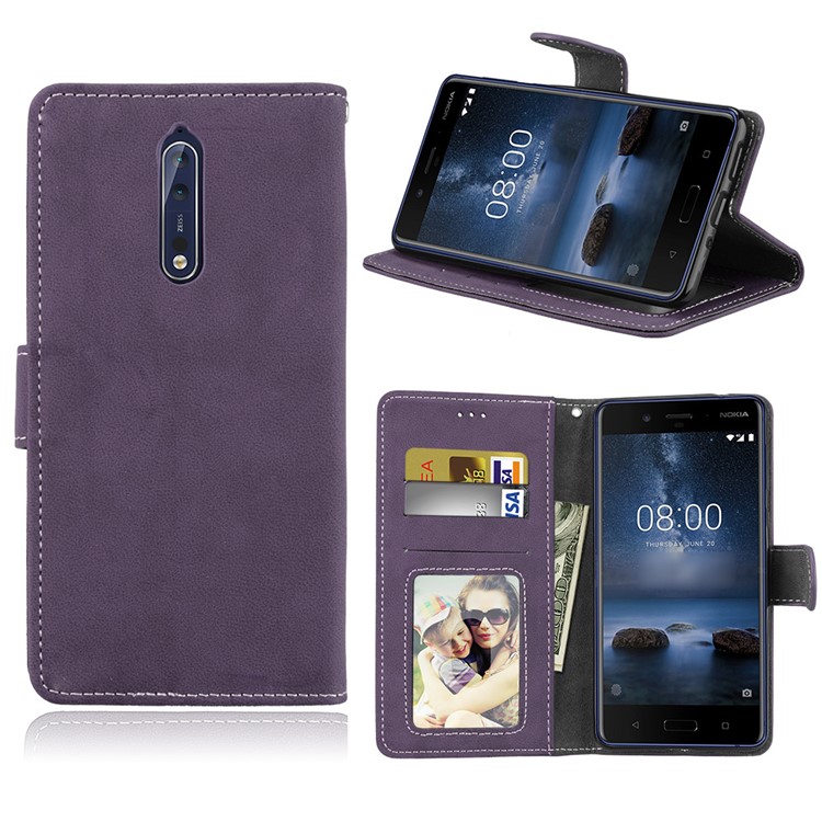 Matte Surface PU Leather 3 Card Slots Wallet Stand Mobile Phone Cover for Nokia 8 - Purple-1