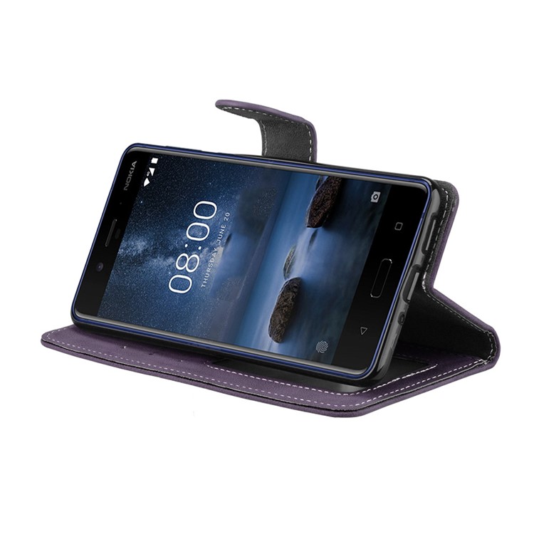 Matte Surface PU Leather 3 Card Slots Wallet Stand Mobile Phone Cover for Nokia 8 - Purple-13