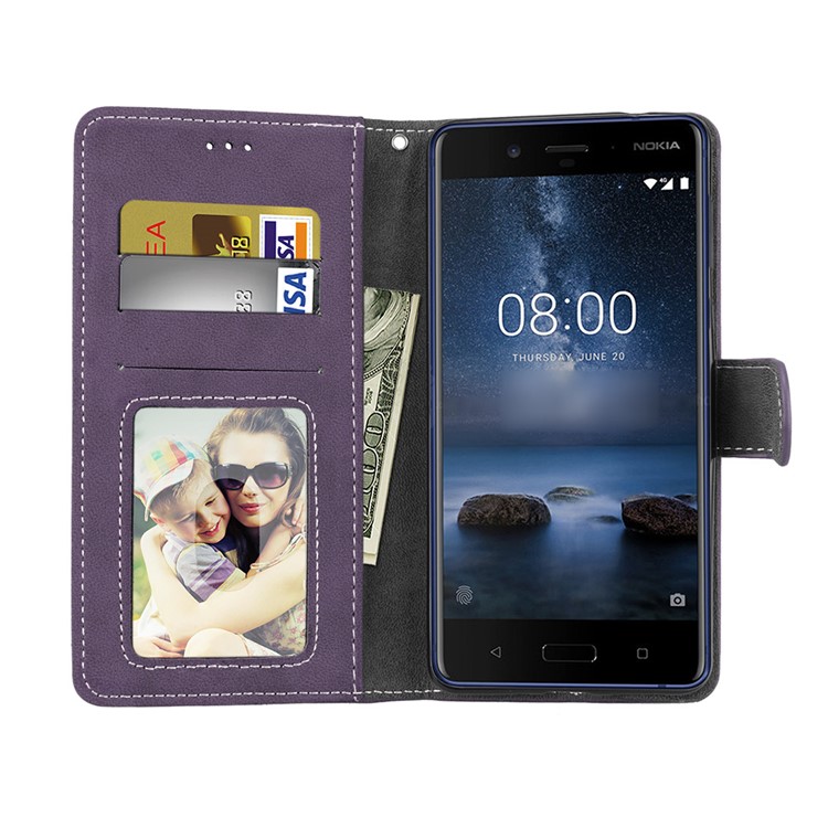 Matte Surface PU Leather 3 Card Slots Wallet Stand Mobile Phone Cover for Nokia 8 - Purple-9
