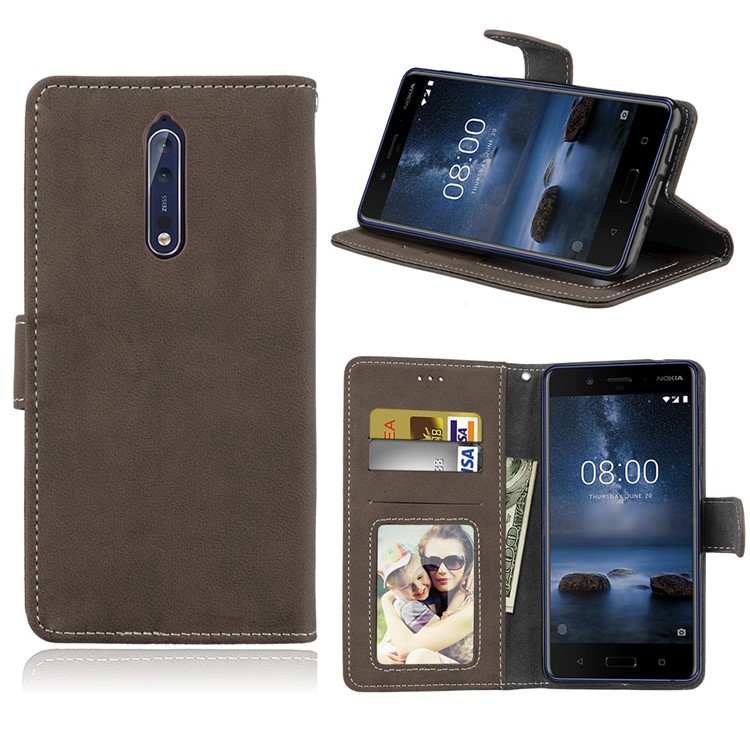 Matte Surface PU Leather 3 Card Slots Wallet Stand Mobile Phone Casing for Nokia 8 - Brown-1