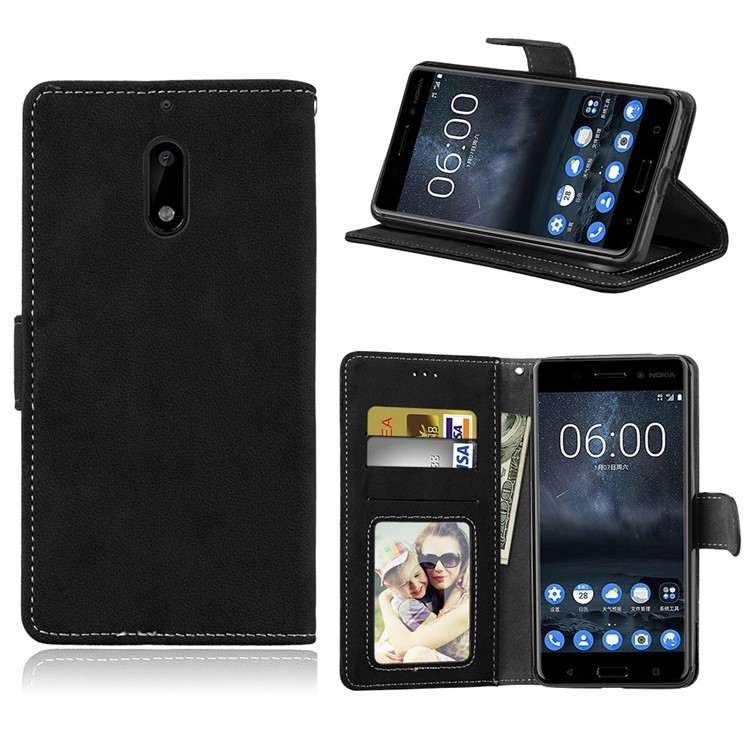 Matte Surface PU Leather 3 Card Slots Wallet Stand Phone Accessory Case for Nokia 6 - Black-1