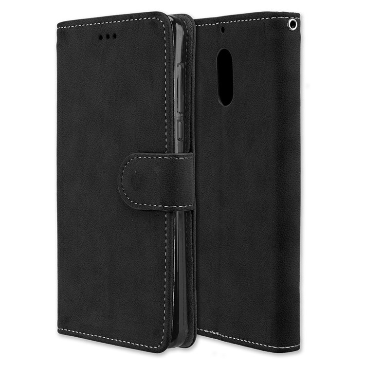 Matte Surface PU Leather 3 Card Slots Wallet Stand Phone Accessory Case for Nokia 6 - Black-3