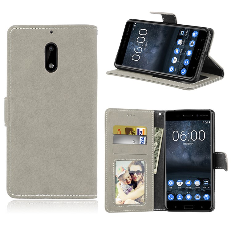 Matte Surface PU Leather 3 Card Slots Wallet Stand Phone Accessory Casing for Nokia 6 - Grey-1